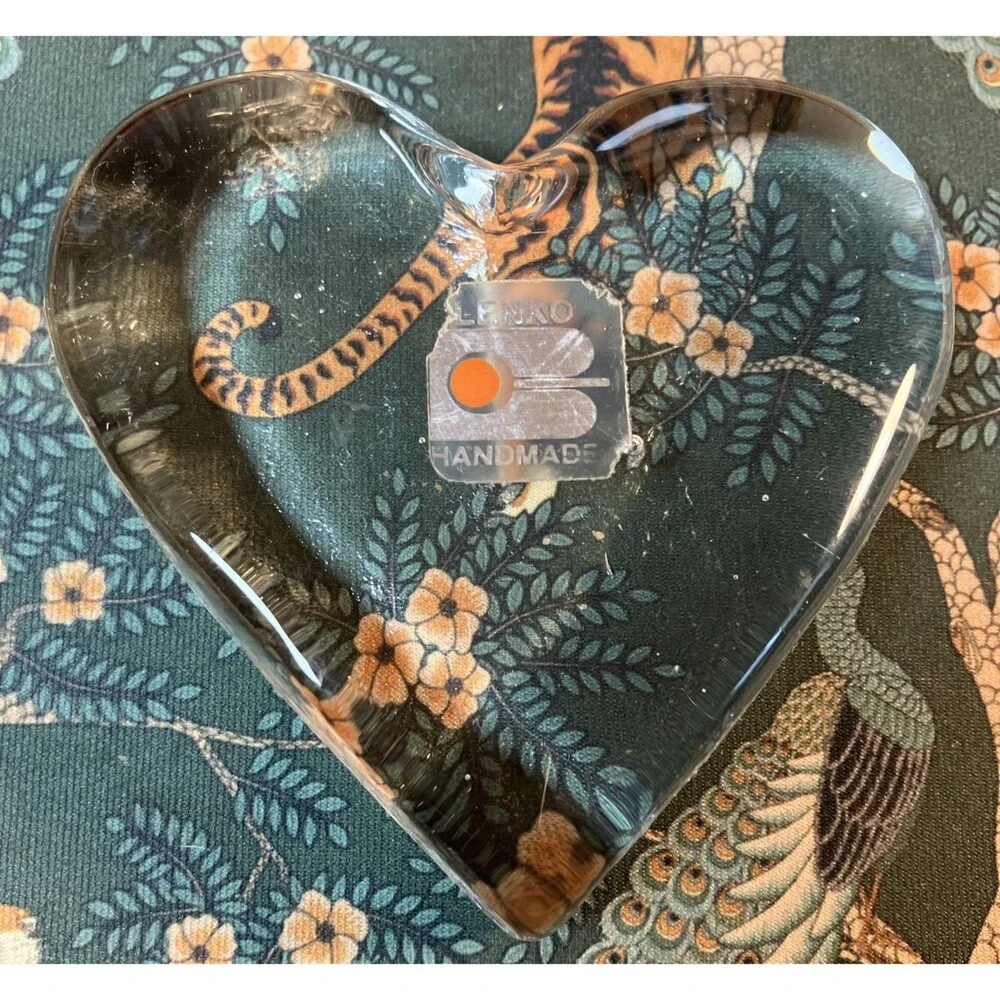 Vintage Blenko Clear Glass Heart Shaped Paperweight With Original Sticker